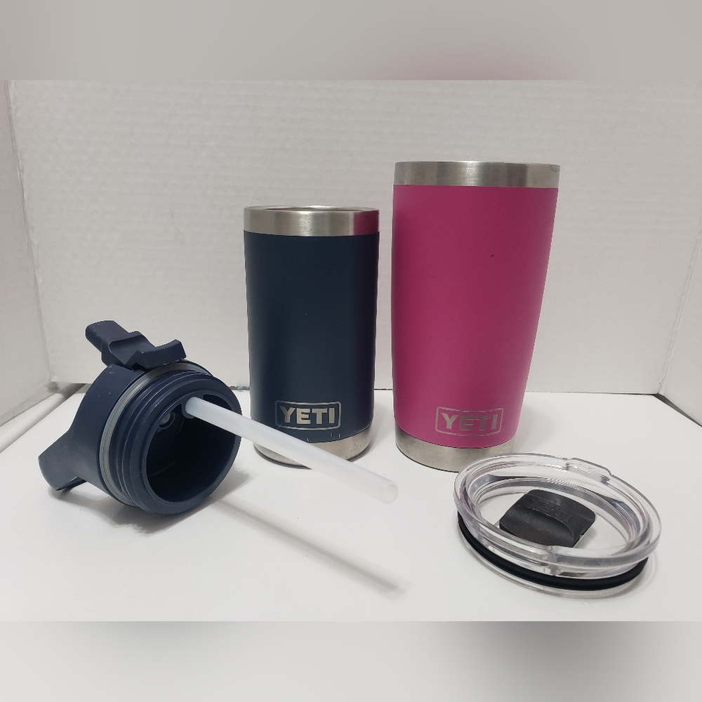 Yeti tumblers, used, pink with slide open lid and blue with straw top